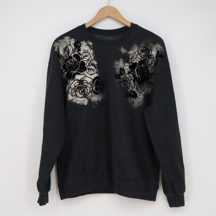 Charcoal Gray Velvet Flock Floral Rose Bleach Effect Fleece Sweatshirt M