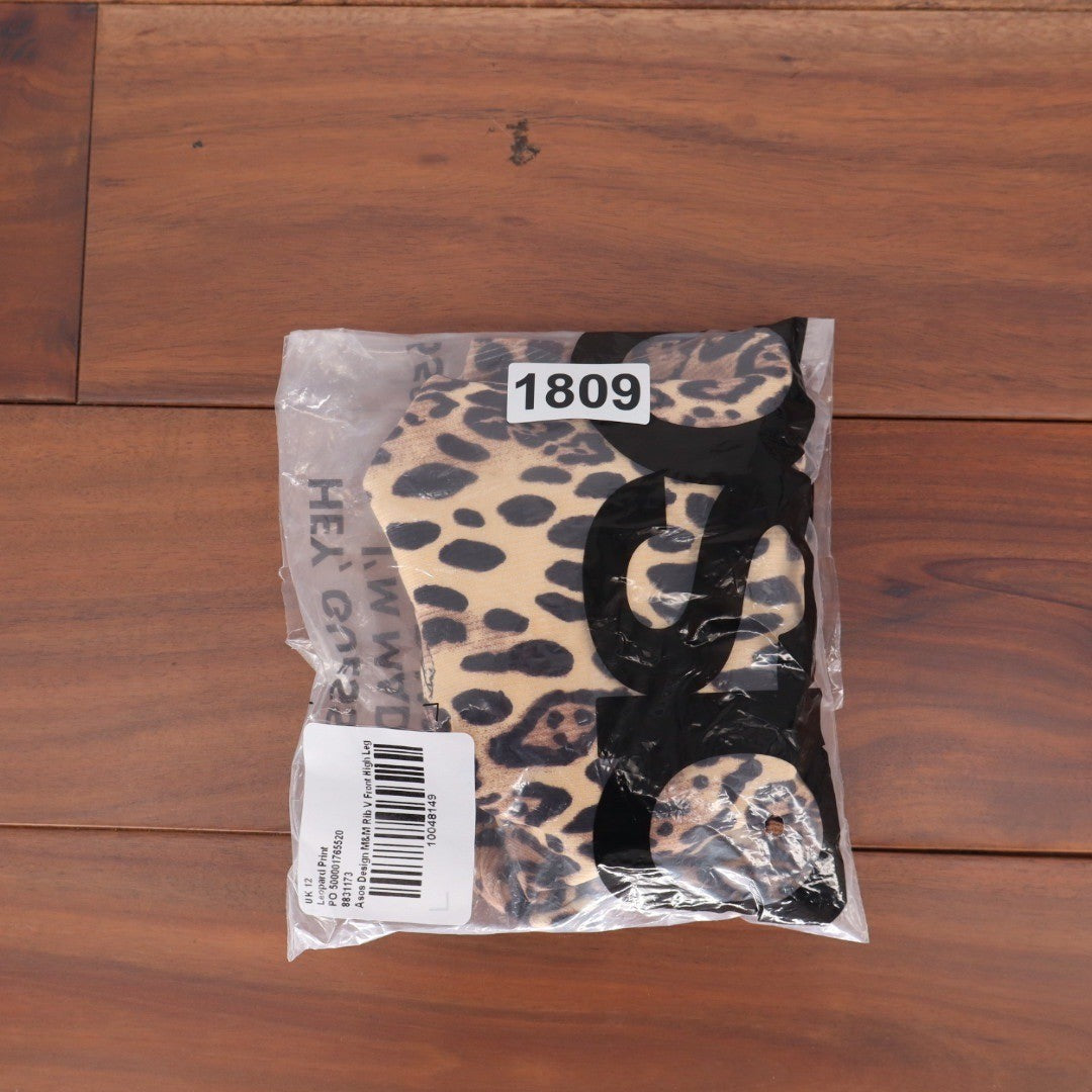 ASOS DESIGN Leopard Print Rib V Front High Leg Bikini Bottoms Size UK 12 US 8