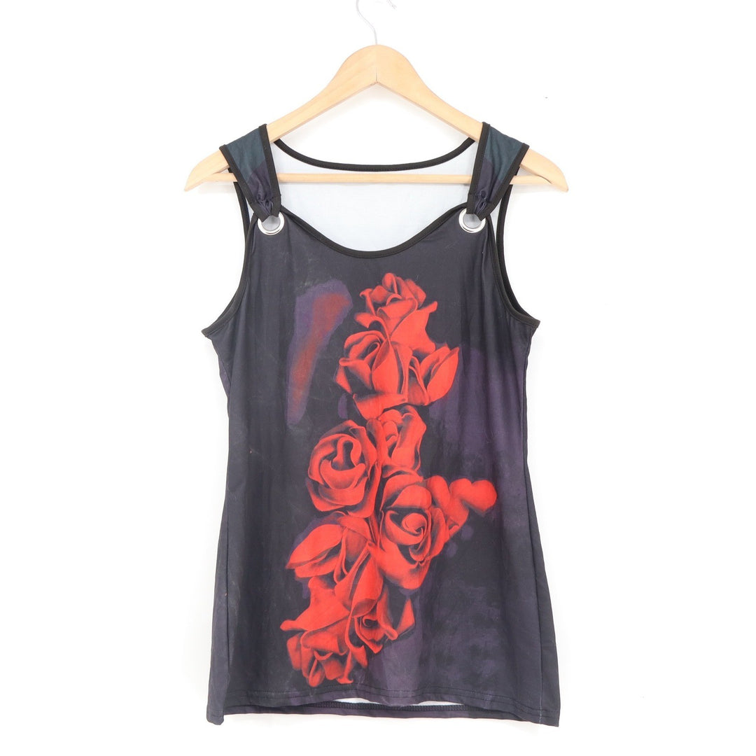 Red Rose Graphic Tank Top Grommet Shoulder Detail Black Purple Floral Size M