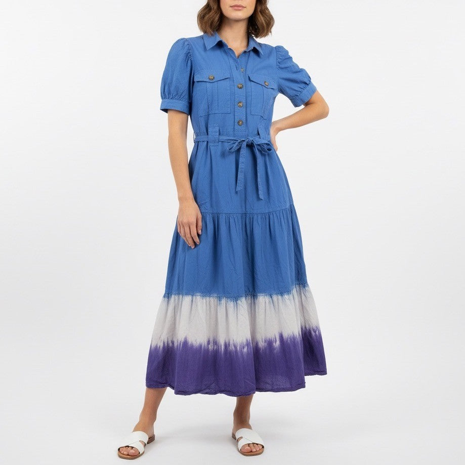 Derek Lam Collective Blue Tie Dye Tiered Shirt Dress Midi Size 40