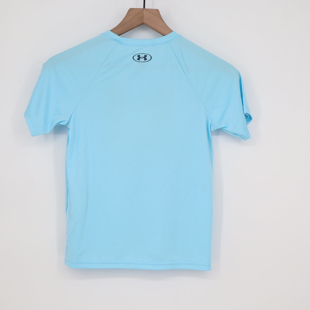 Under Armour Boys Tech Hybrid Print SS Shirt Blue Big Logo Youth Small