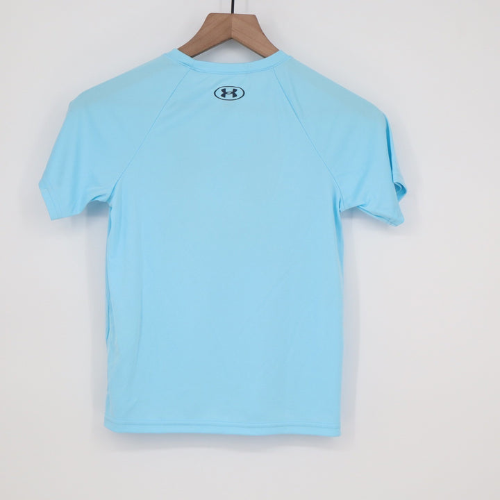 Under Armour Boys Tech Hybrid Print SS Shirt Blue Big Logo Youth Small