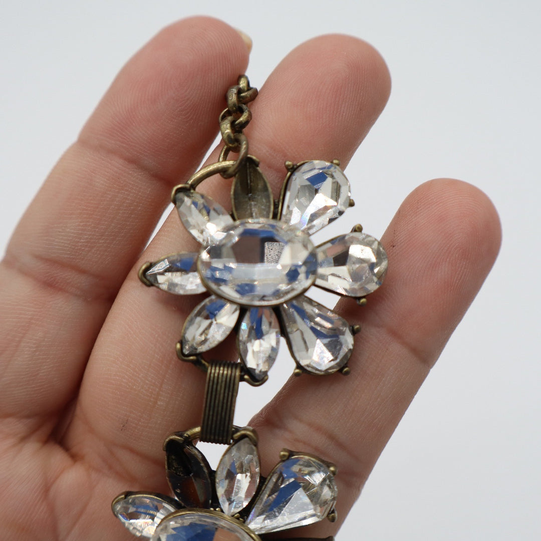 Antique Brass Clear Crystal Floral Statement Bib Necklace Vintage Style Sparkly