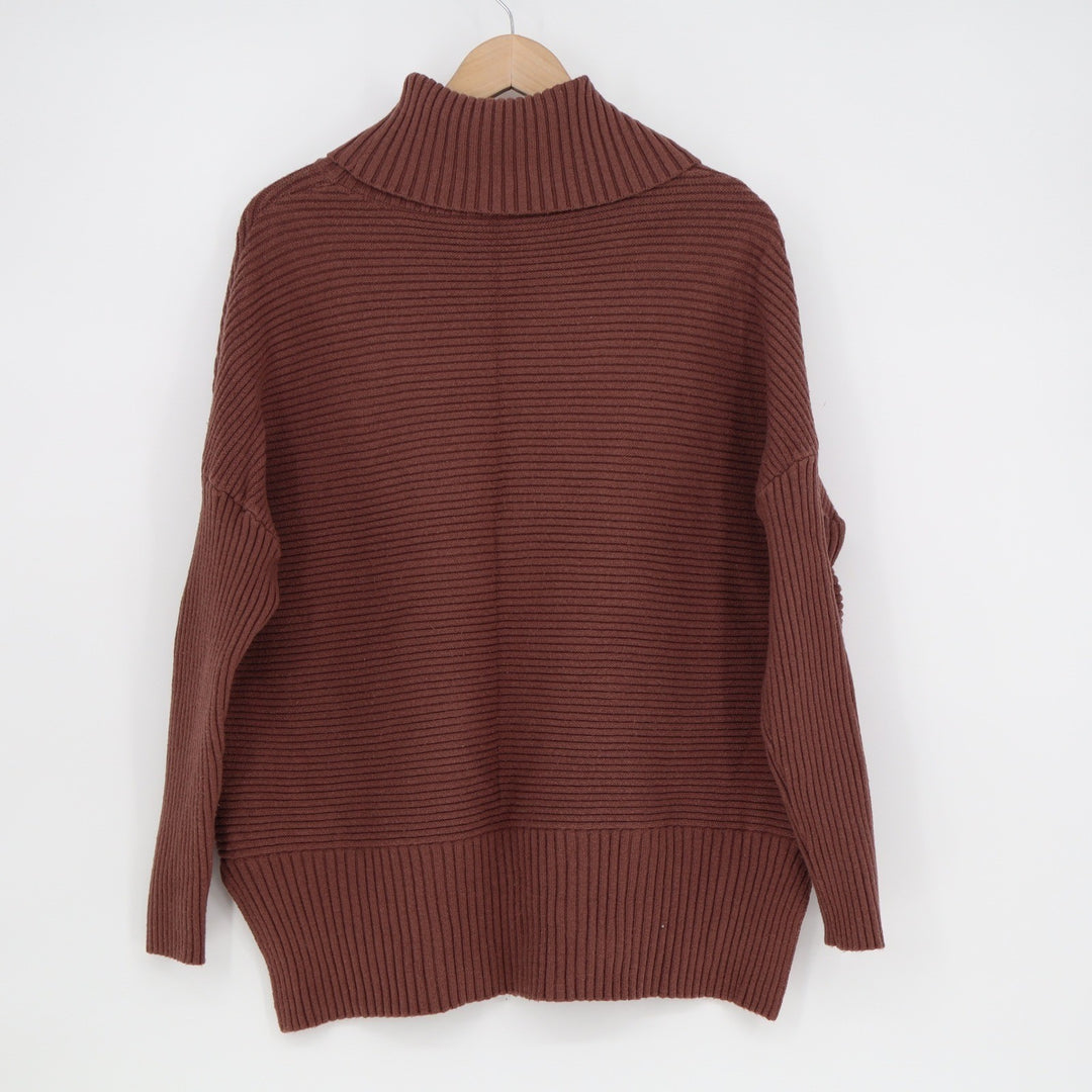 Brown Oversized Ribbed Turtleneck Sweater High-Low Knit Pullover