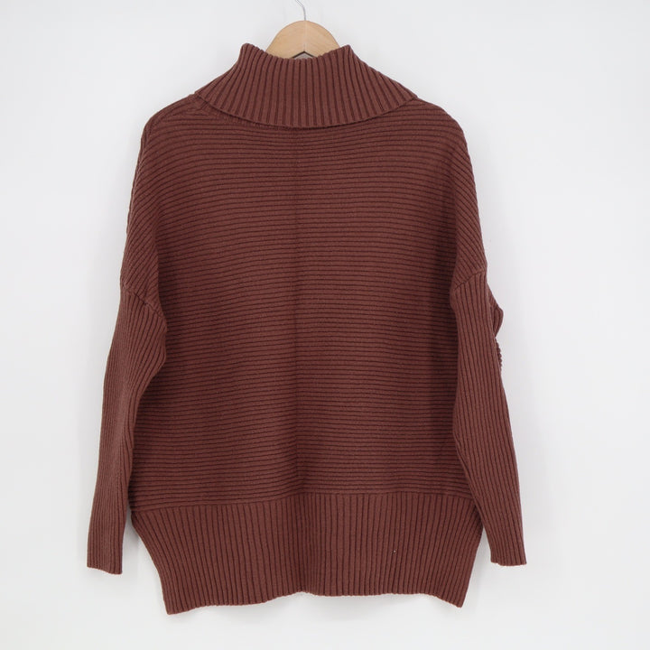 Brown Oversized Ribbed Turtleneck Sweater High-Low Knit Pullover