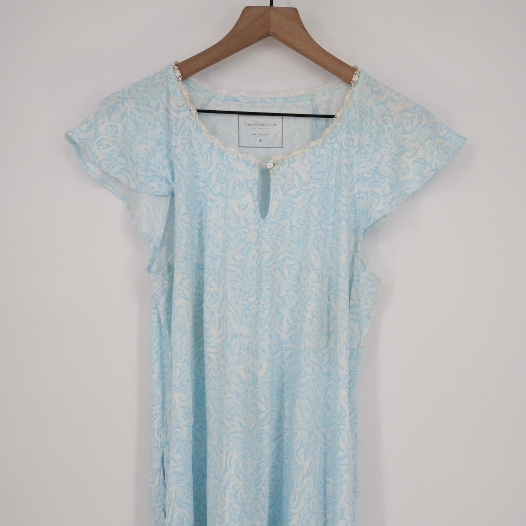 Charter Club Intimates Nightgown Womens Small Blue Floral Slit Neck Cap Sleeve