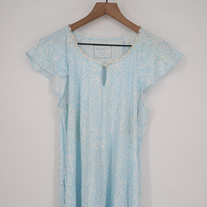 Charter Club Intimates Nightgown Womens Small Blue Floral Slit Neck Cap Sleeve