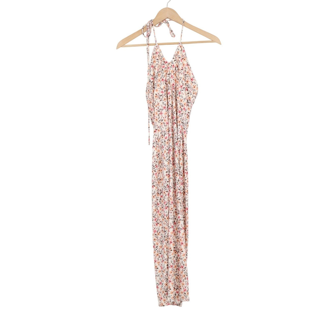 Mistyrose Floral Halter Midi Dress Pink Orange Ribbed Cowl Back M