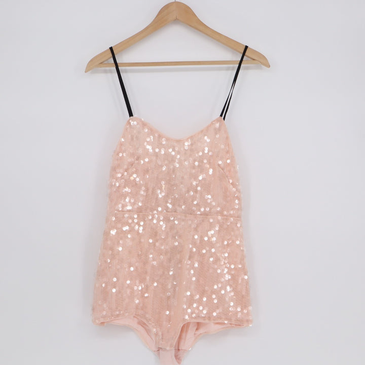Anthropologie Play Bodysuit Womens 2 Blush Sequin Spaghetti Straps Back Zip