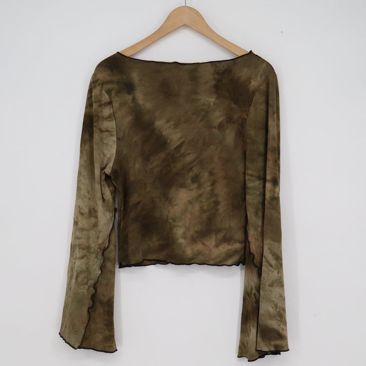 Shein Curve 1XL Olive Green Tie Dye Bell Sleeve V-Neck Graphic Top