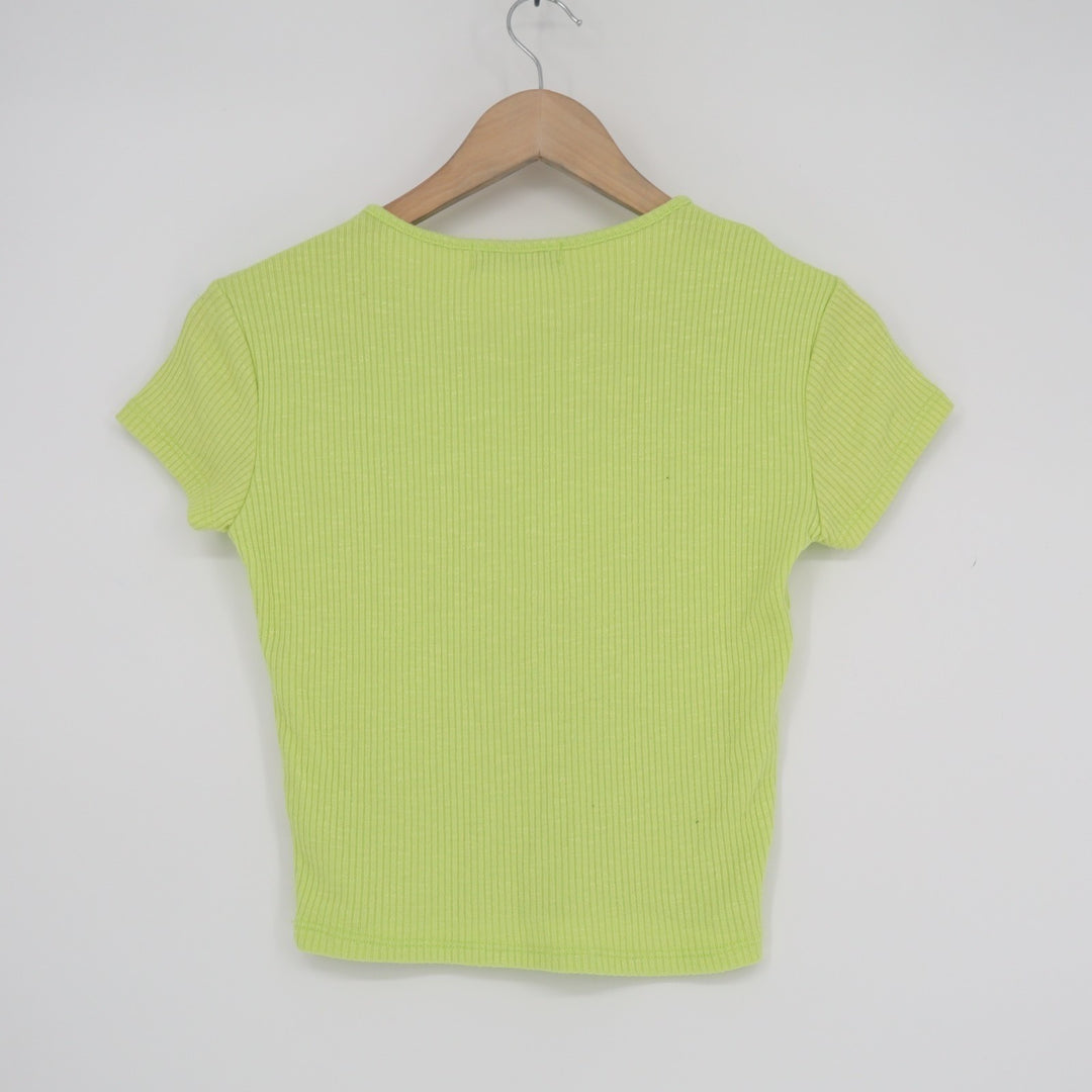 Liz & Sara Crop Top Womens Large Green Stretch Ribbed Short Sleeve Round Neck