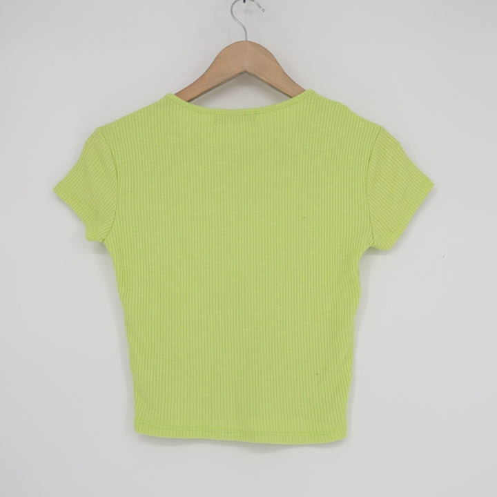 Liz & Sara Crop Top Womens Large Green Stretch Ribbed Short Sleeve Round Neck