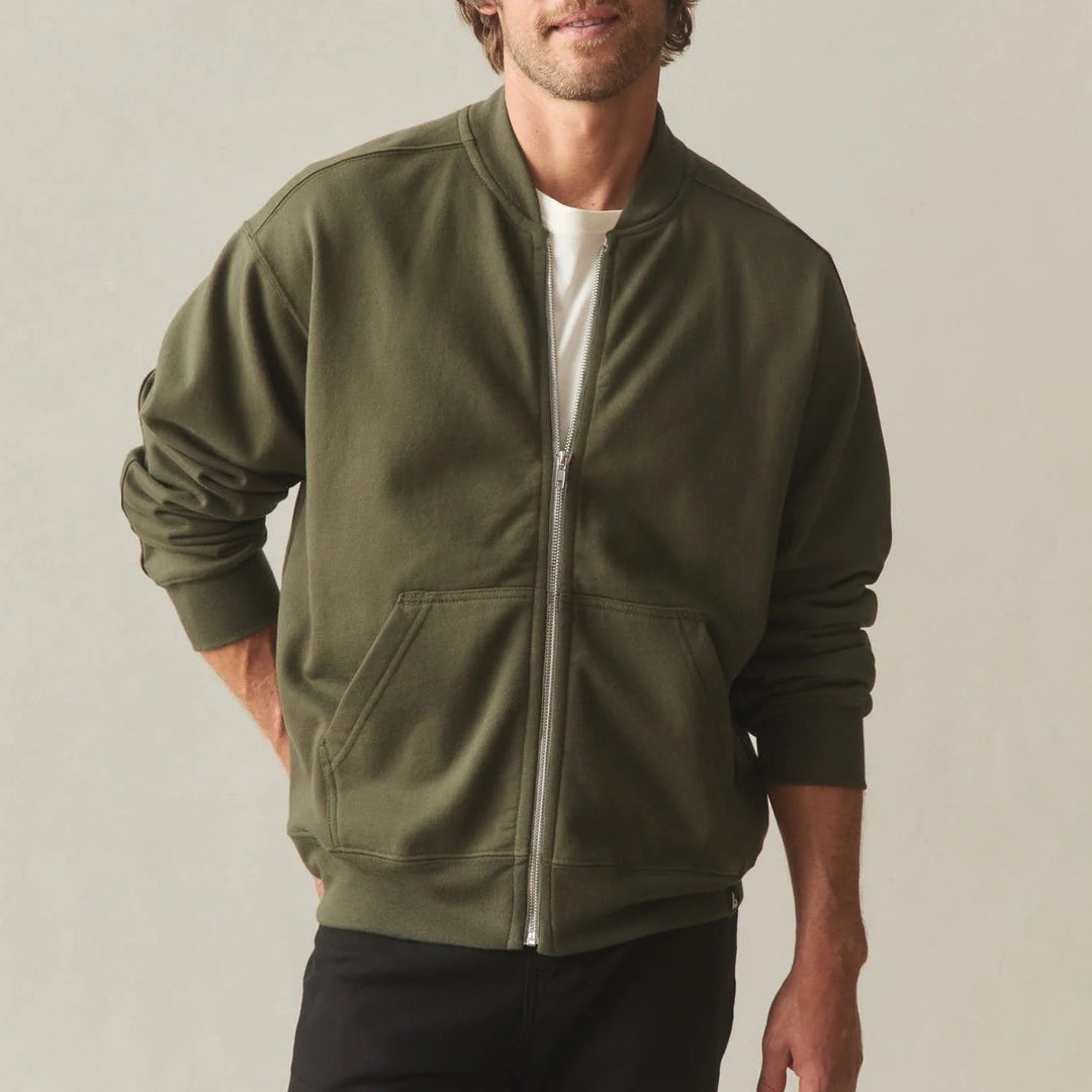 American Giant Fleece Bomber Jacket Mens XL Deep Olive Relaxed Fit Full Zip