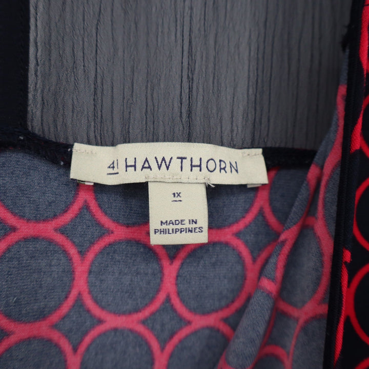 41 Hawthorn Womens 1X Navy Blue Red Geometric Circle Mesh Yoke Blouse