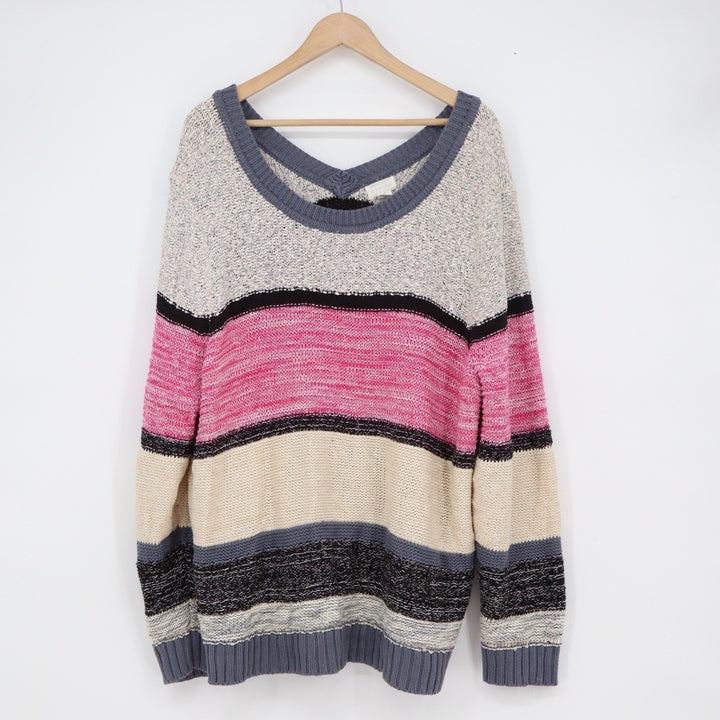 Caslon Womens 3X Striped Knit Sweater Pink Cream Grey Black Scoop Neck
