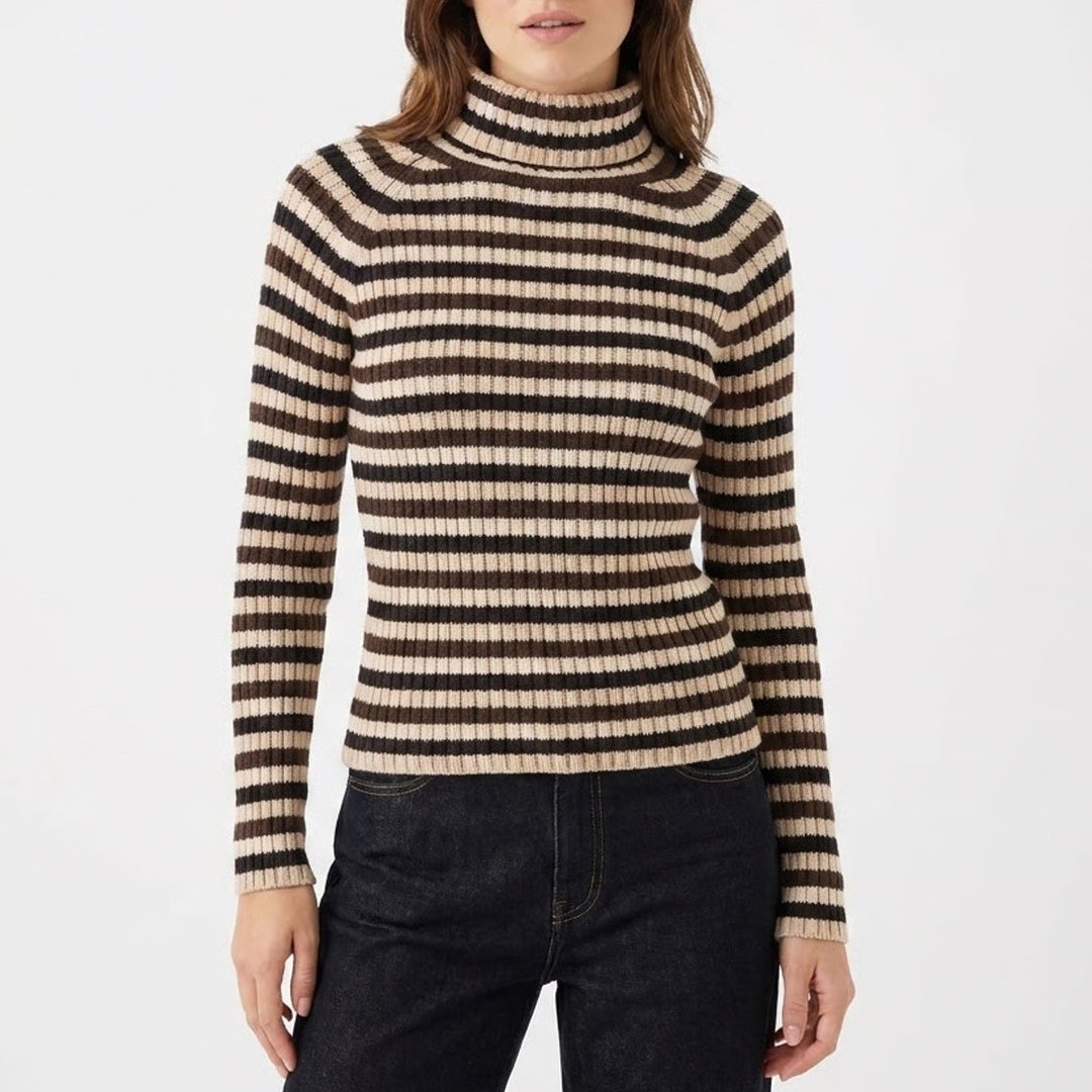 INC International Concepts Striped Mock Neck Ribbed Cotton Sweater Brown Large