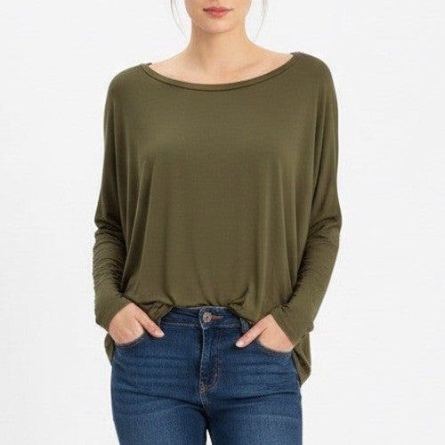 Moa Collection T-Shirt Women Medium Olive Green Stretch Round Neck Dolman Sleeve