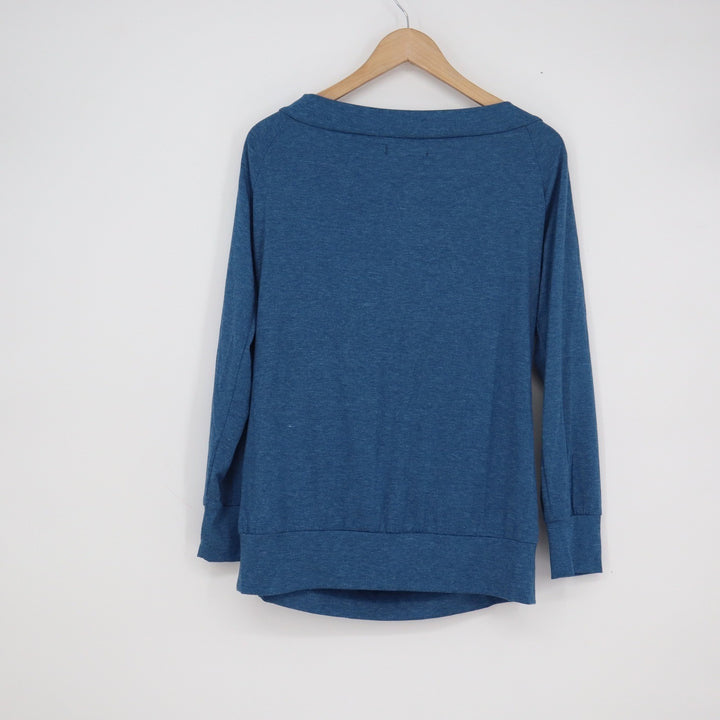 Sarin Mathews Blue Heathered Boat Neck Long Sleeve Top Banded Hem Size M