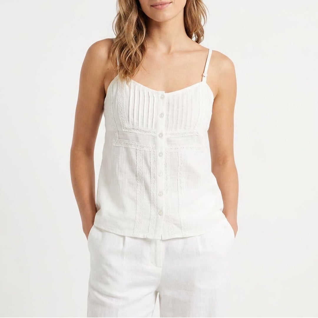 Hang Ten Tank Top Womens L White Cotton Lace Detail Button Front Spaghetti Strap