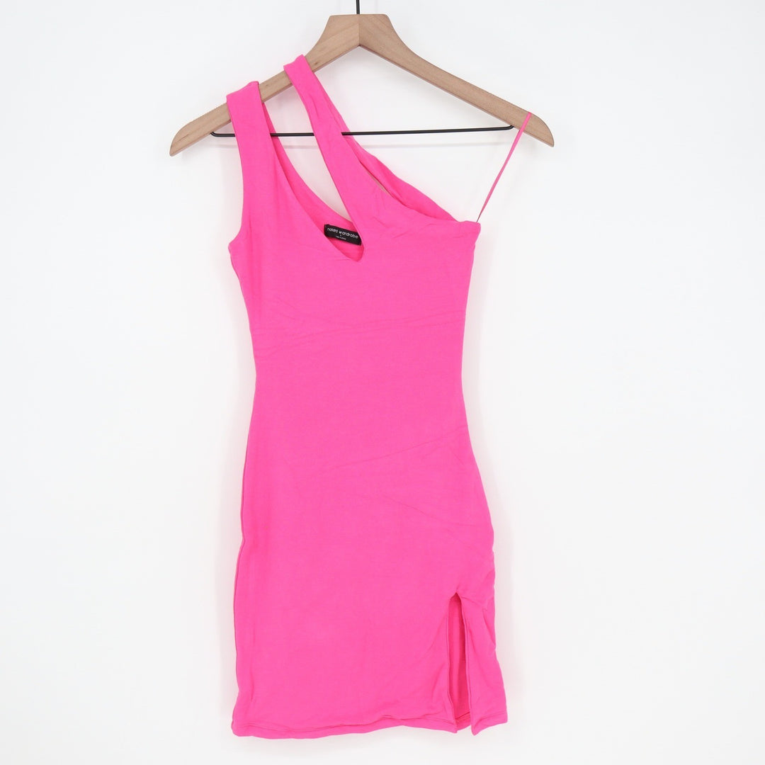Naked Wardrobe Neon Pink Asymmetrical Cutout One Shoulder Bodycon Mini Dress S