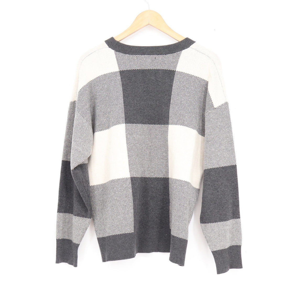 Tahari Womens XL Grey Cream Buffalo Plaid Crew Neck Knit Sweater