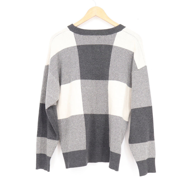 Tahari Womens XL Grey Cream Buffalo Plaid Crew Neck Knit Sweater