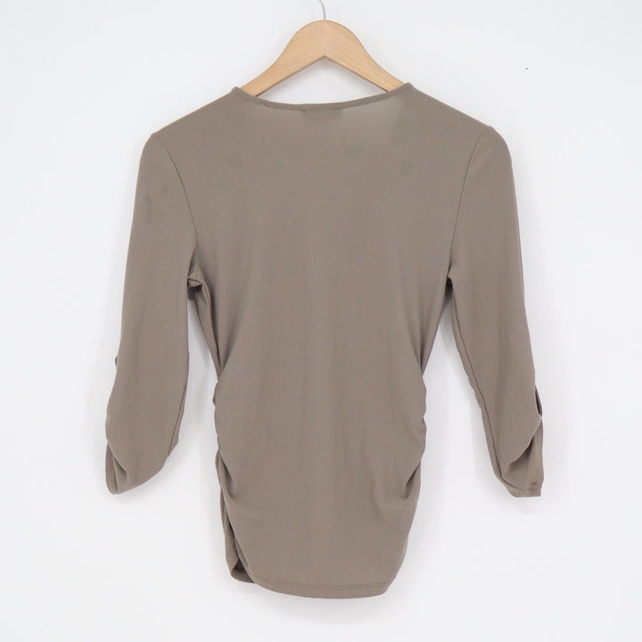 Mine Women Taupe Lace Up Grommet V-Neck Ruched Roll Tab 3/4 Sleeve Top S