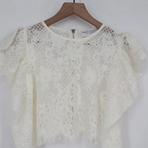 Naked Wardrobe White Floral Lace Puff Shoulder Crop Top Blouse Small