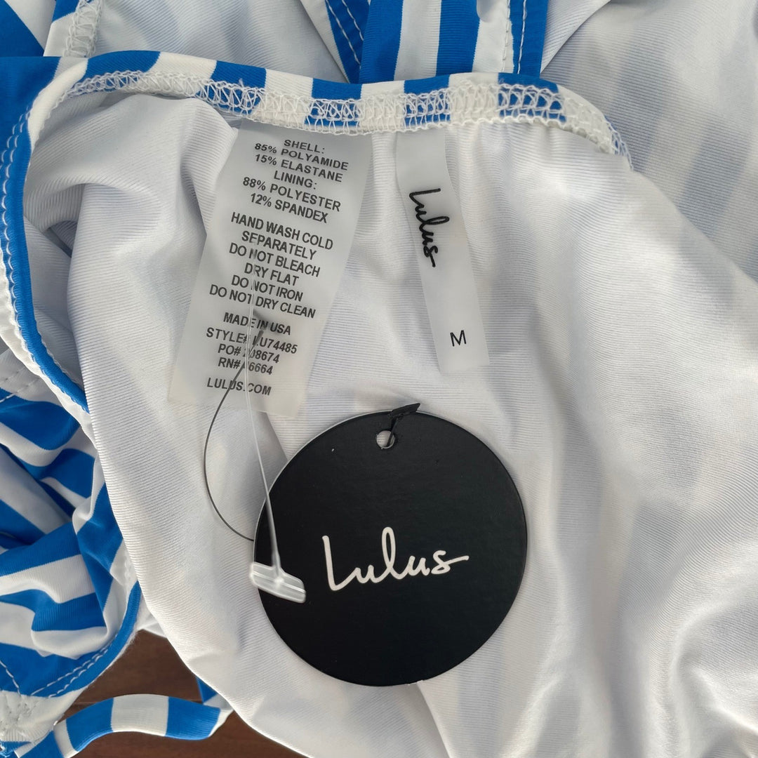 Lulus Blue White Stripe One Piece Swimsuit Tie Back High Cut Size M