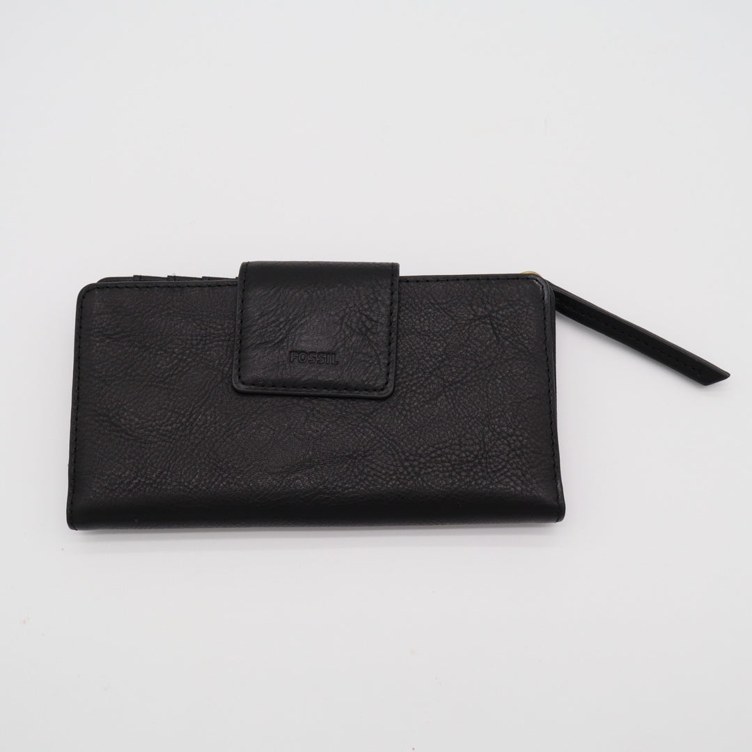 Fossil Logan Rfid Tab Clutch Womens Black Leather Zip Coin Pocket Bifold Wallet