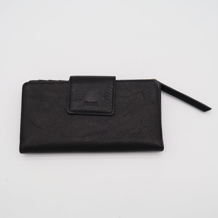 Fossil Logan Rfid Tab Clutch Womens Black Leather Zip Coin Pocket Bifold Wallet