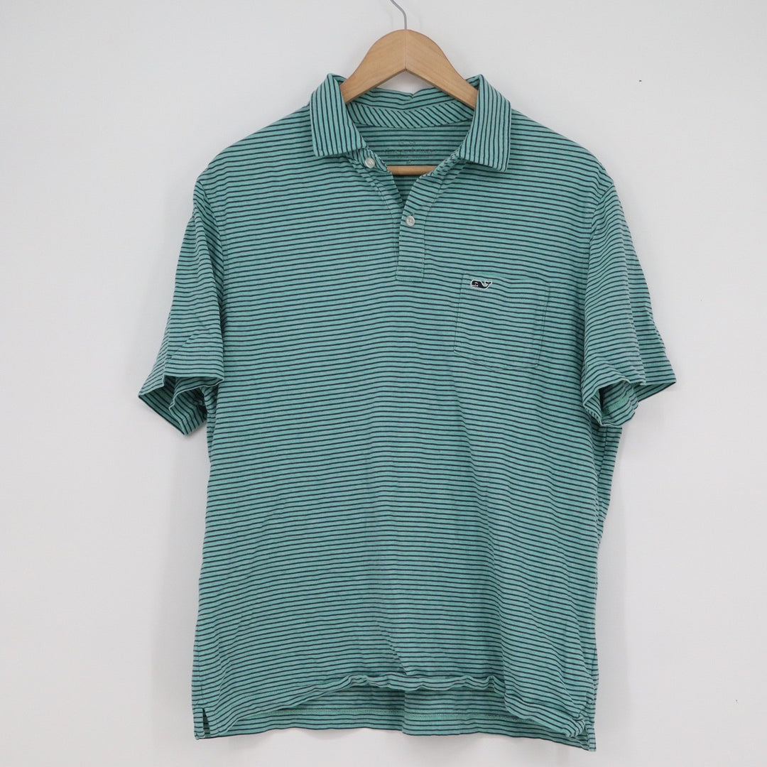 Vineyard Vines Mens M Green Navy Striped Short Sleeve Whale Logo Polo Shirt