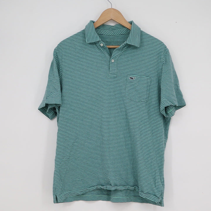 Vineyard Vines Mens M Green Navy Striped Short Sleeve Whale Logo Polo Shirt