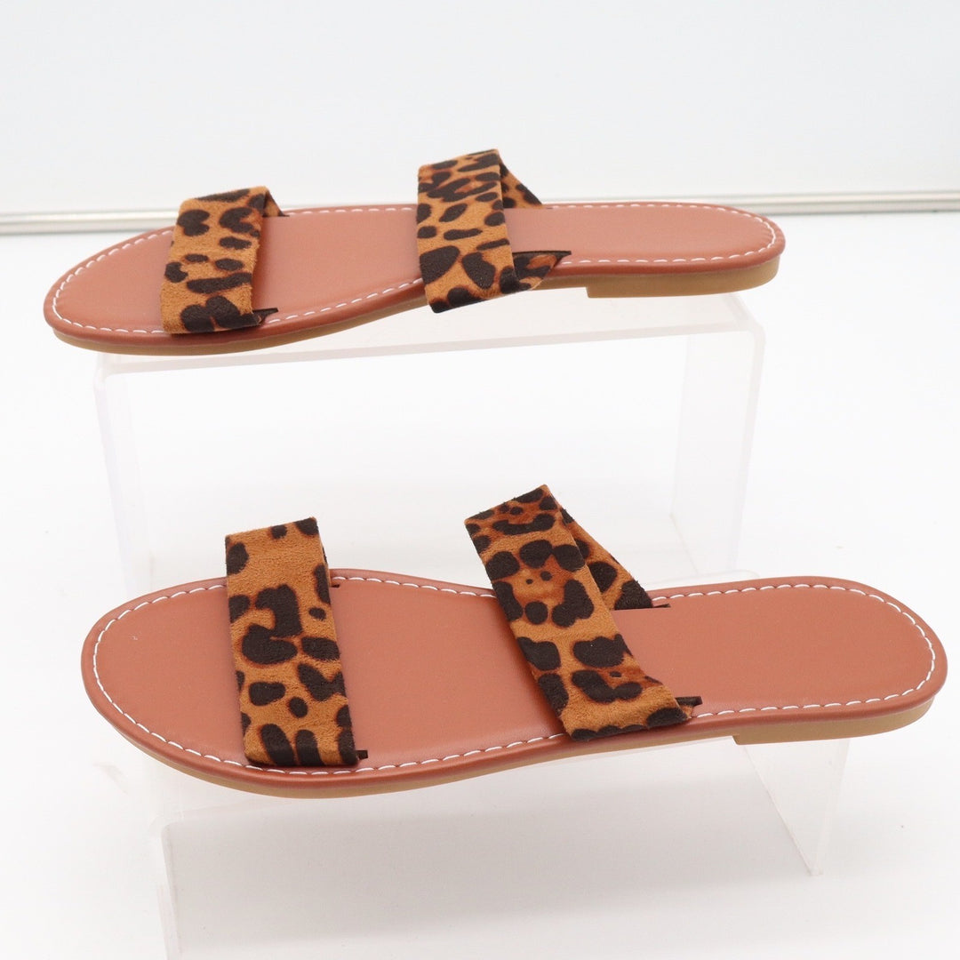 Leopard Print Double Strap Flat Slide Sandals Brown Tan Size 40