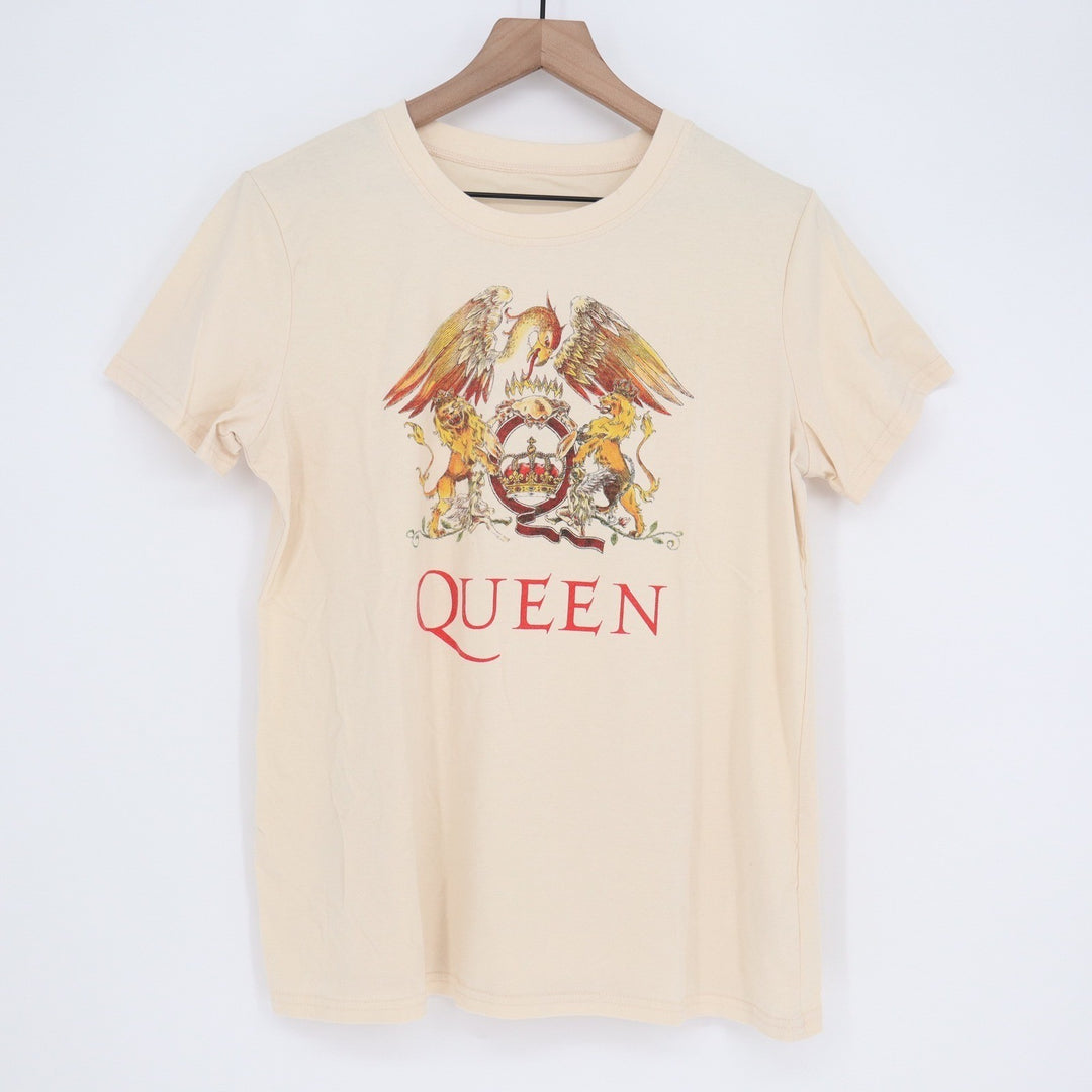 Queen Band T-Shirt Cream Graphic Crest Logo Short Sleeve Rock Tee Large