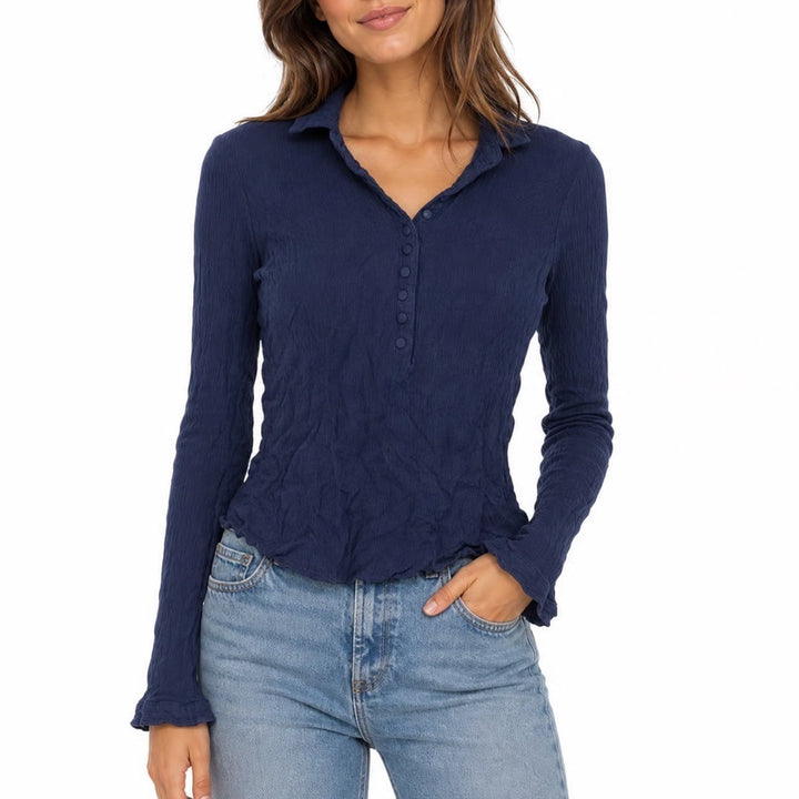 Mango Suit Navy Blue Crinkle Viscose Long Sleeve Henley Collared Top Size 4 S