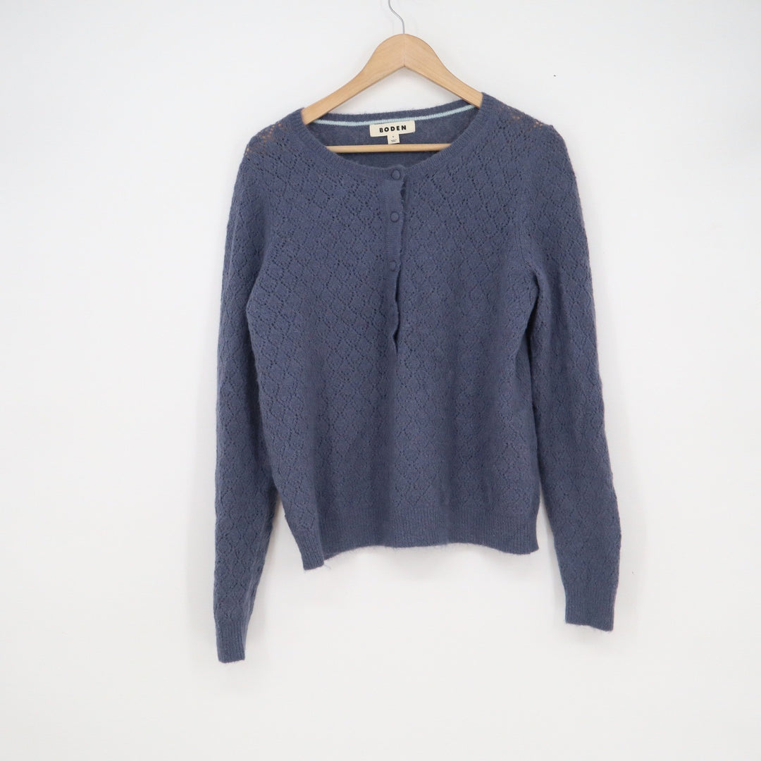 Boden Womens Blue Mohair Wool Blend Pointelle Diamond Knit Cardigan Sweater M