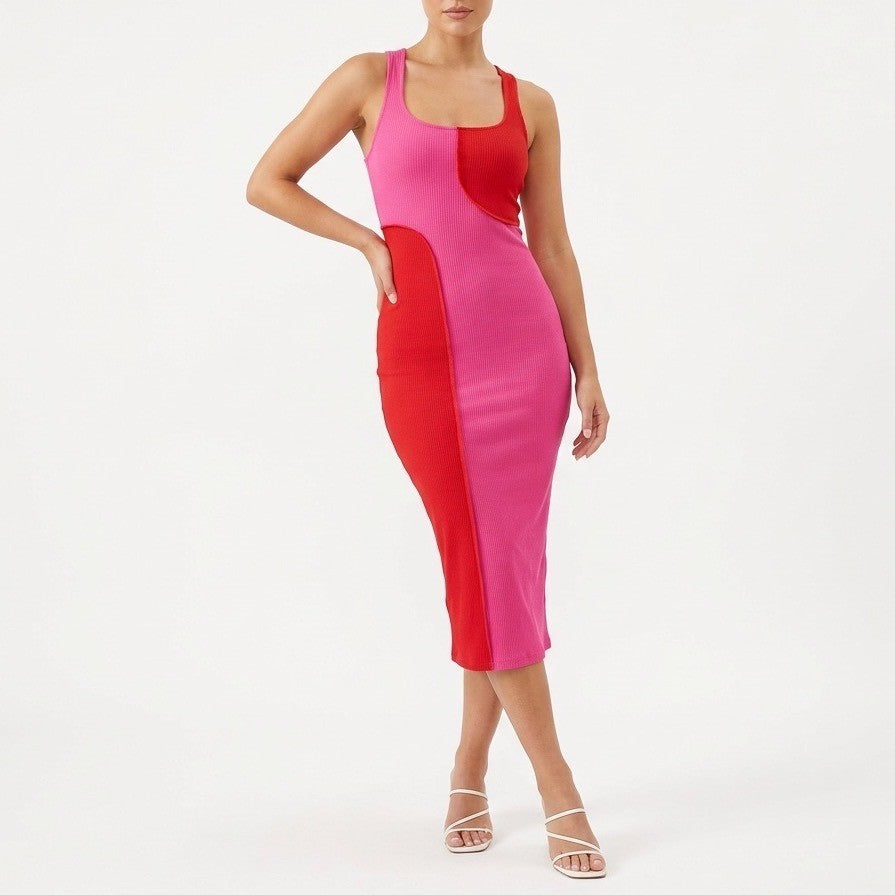 Naked Wardrobe Pink Red Colorblock Ribbed Midi Bodycon Dress XS