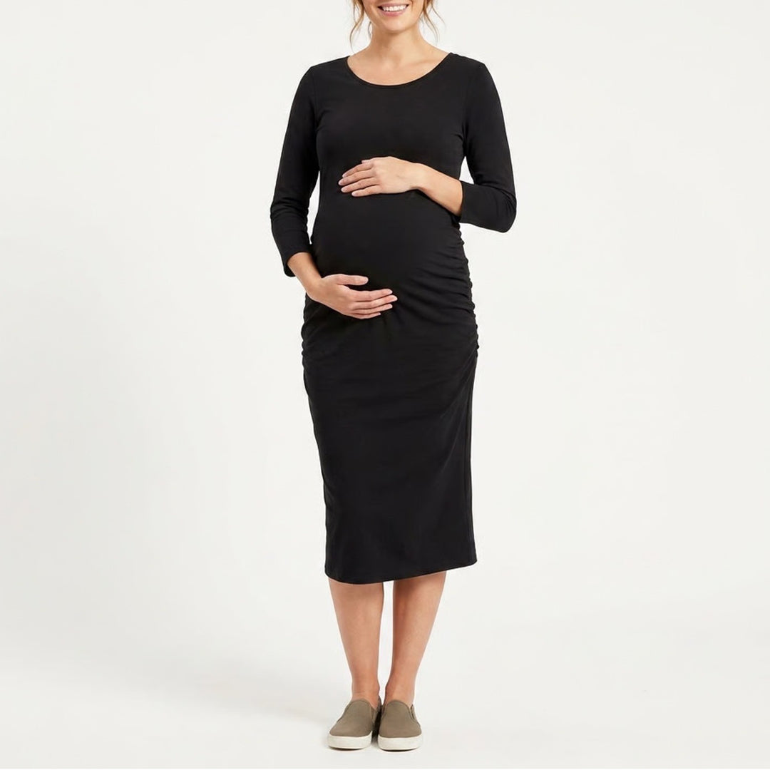 Isabel Maternity by Ingrid & Isabel Black Ruched Midi Dress XL Long Sleeve Solid