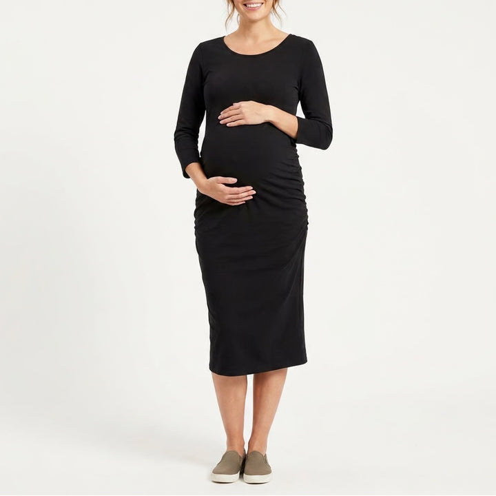 Isabel Maternity by Ingrid & Isabel Black Ruched Midi Dress XL Long Sleeve Solid