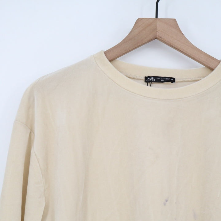 Zara Crop Sweatshirt Women's Medium Beige Stretch Long Sleeve Crew Neck Pullover