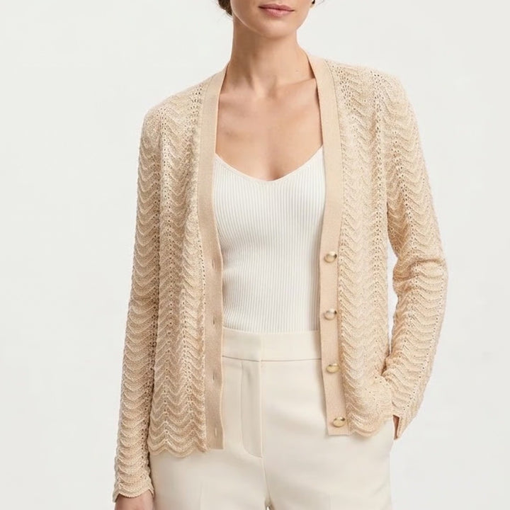 Ann Taylor Beige White Chevron Pointelle Cotton Cardigan Gold Buttons Large