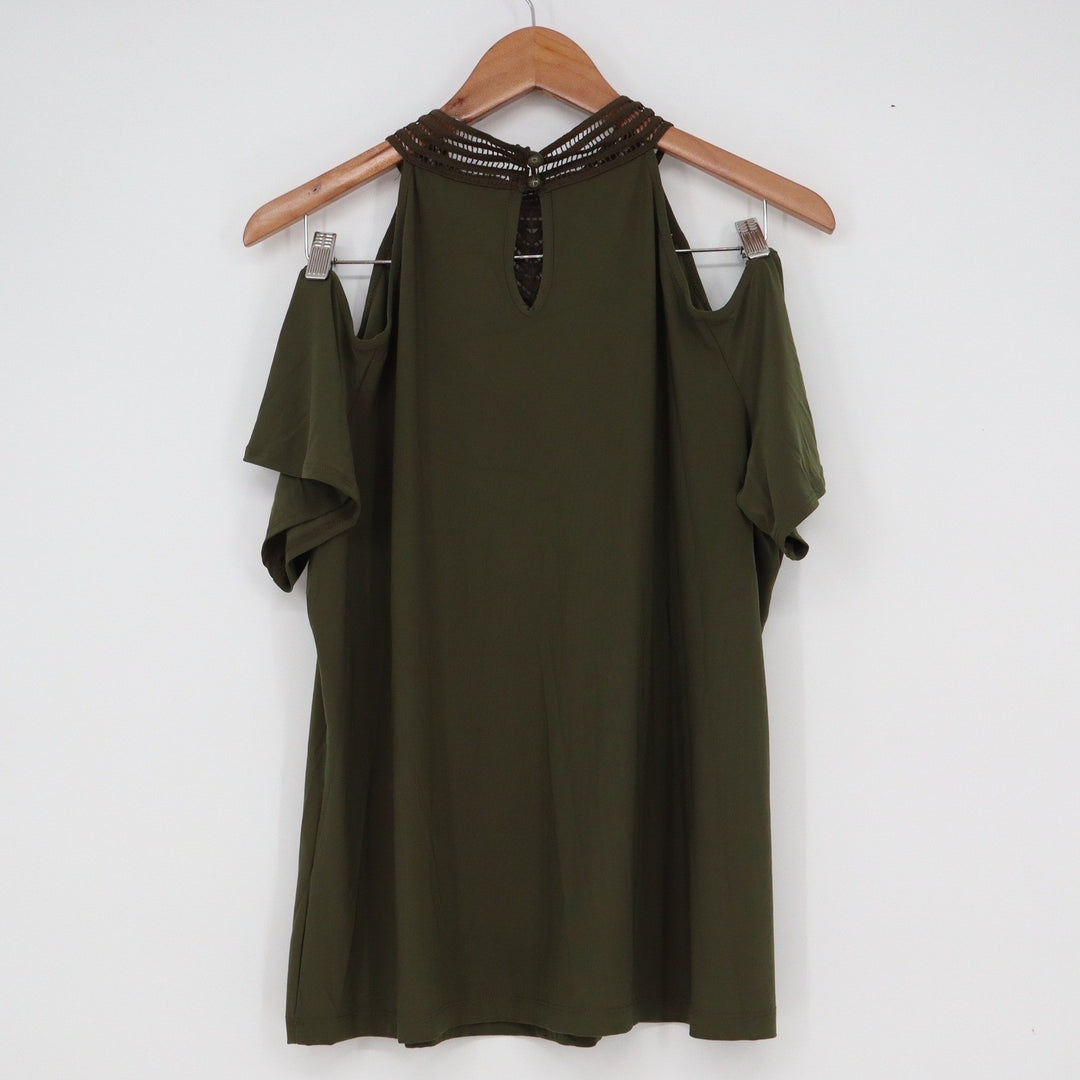 Perception Concept Olive Green Cold Shoulder Crochet Lace High Neck Top XL