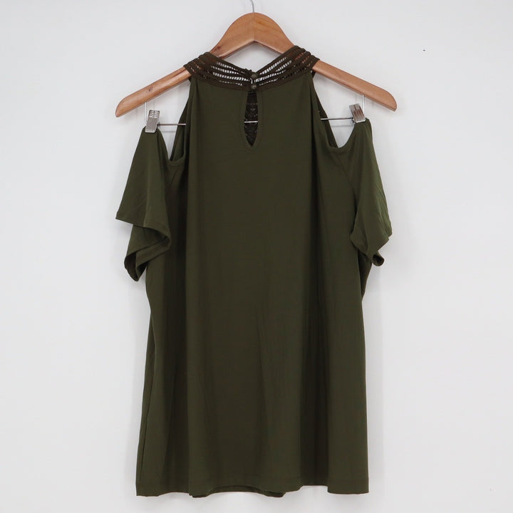 Perception Concept Olive Green Cold Shoulder Crochet Lace High Neck Top XL