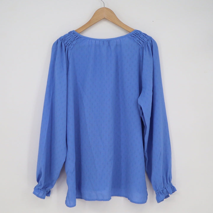 Jessica Simpson Periwinkle Blue Smocked Shoulder Ruffle Cuff Dobby Blouse Large