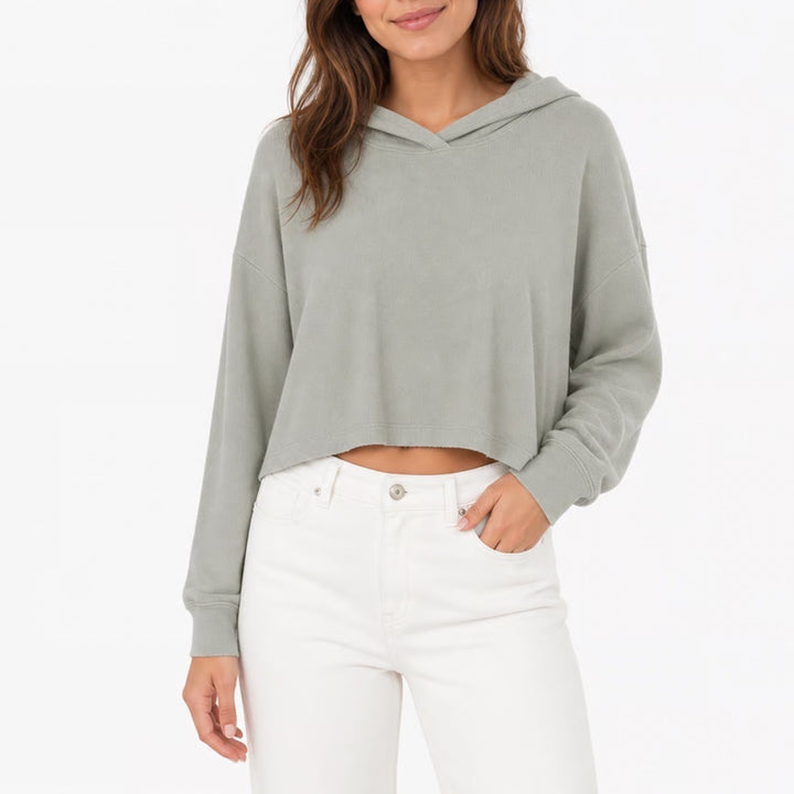 Athleta Hoodie Women Large Green Knit Ribbed Cotton Stretch Long Sleeve Pullover