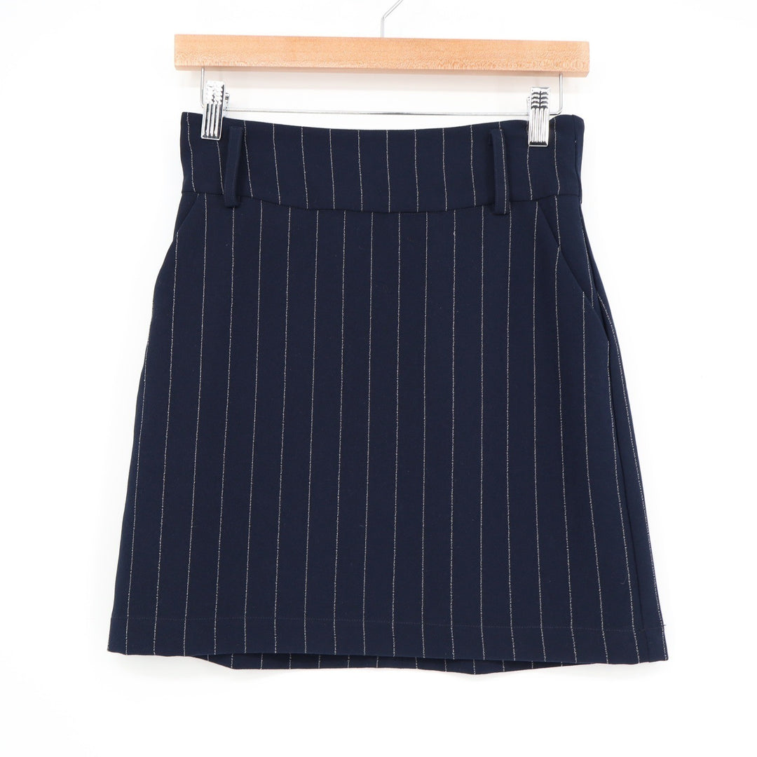 Ovi Navy Blue Pinstripe High Waisted Mini Skirt with Pockets and Belt Loops