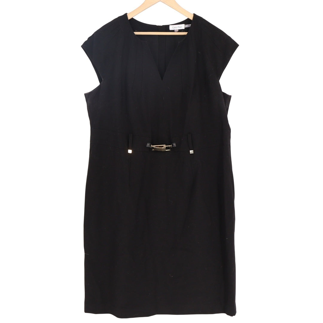 Calvin Klein Mens Black V-Neck Cap Sleeve Belted Sheath Dress 18W