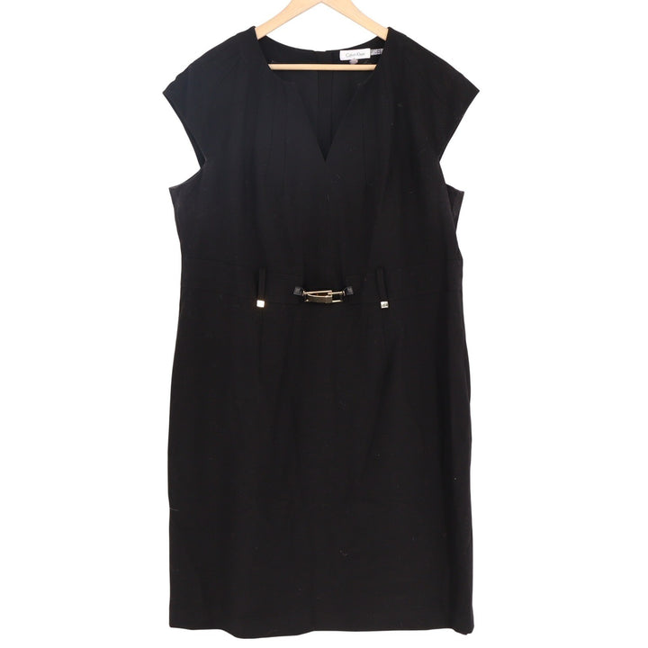 Calvin Klein Mens Black V-Neck Cap Sleeve Belted Sheath Dress 18W