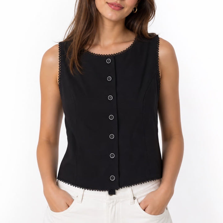 Monteau Los Angeles Black Linen Blend Lace Trim Button Front Tie Back Top XL